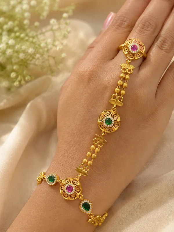 Elegant_Floral_Multicolor_CZ_Gold-Plated_Hand_Bracelet