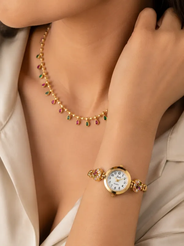 Elegant_Gold-Plated_Floral_Stone_Bracelet_Watch_for_Women_-_23_Inches