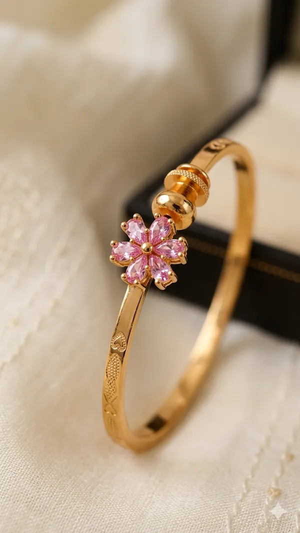 Elegant_Gold_Plated_fancy_adjustable_light_pink_Floral_bangle_with_Pink_Stone