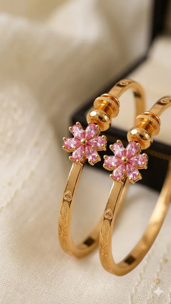Elegant_Gold_Plated_fancy_adjustable_light_pink_Floral_bangle_with_Pink_Stone