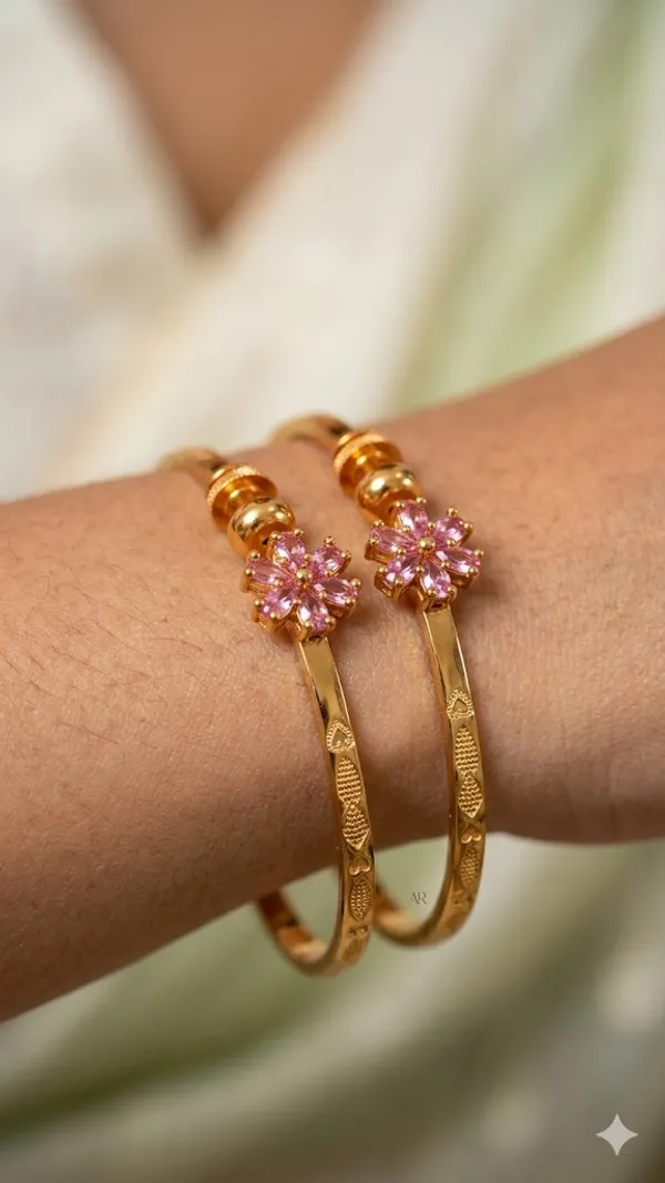 Elegant_Gold_Plated_fancy_adjustable_light_pink_Floral_bangle_with_Pink_Stone