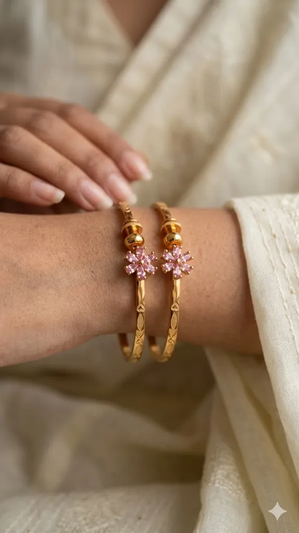 Elegant_Gold_Plated_fancy_adjustable_light_pink_Floral_bangle_with_Pink_Stone