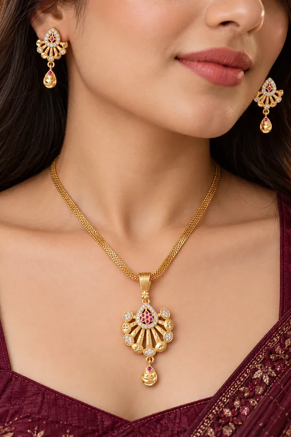 Elegant_Gold-Tone_Pendant_Necklace_Set_with_Ruby_Pink_&_American_Diamond_Studded_Earrings