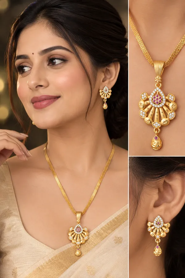 Elegant_Gold-Tone_Pendant_Necklace_Set_with_Ruby_Pink_&_American_Diamond_Studded_Earrings