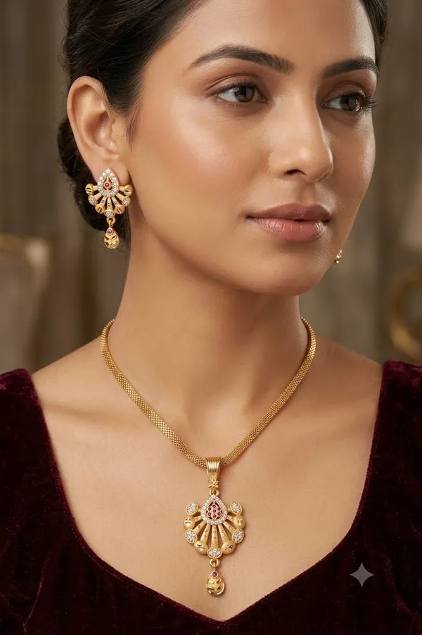 Elegant_Gold-Tone_Pendant_Necklace_Set_with_Ruby_Pink_&_American_Diamond_Studded_Earrings