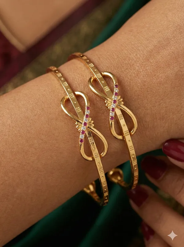Elegant_Infinity_Bow_Micro_Gold_Plated_Ruby_And_Designer_Bangles_(Set_Of_2)
