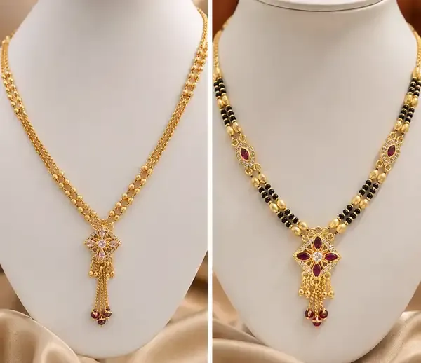Elegant_Ruby_Floral_Gold-Plated_Chain_&_Black_Beads_Mangalsutra_Combo