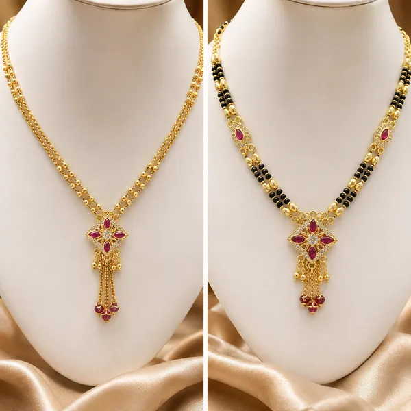 Elegant_Ruby_Floral_Gold-Plated_Chain_&_Black_Beads_Mangalsutra_Combo