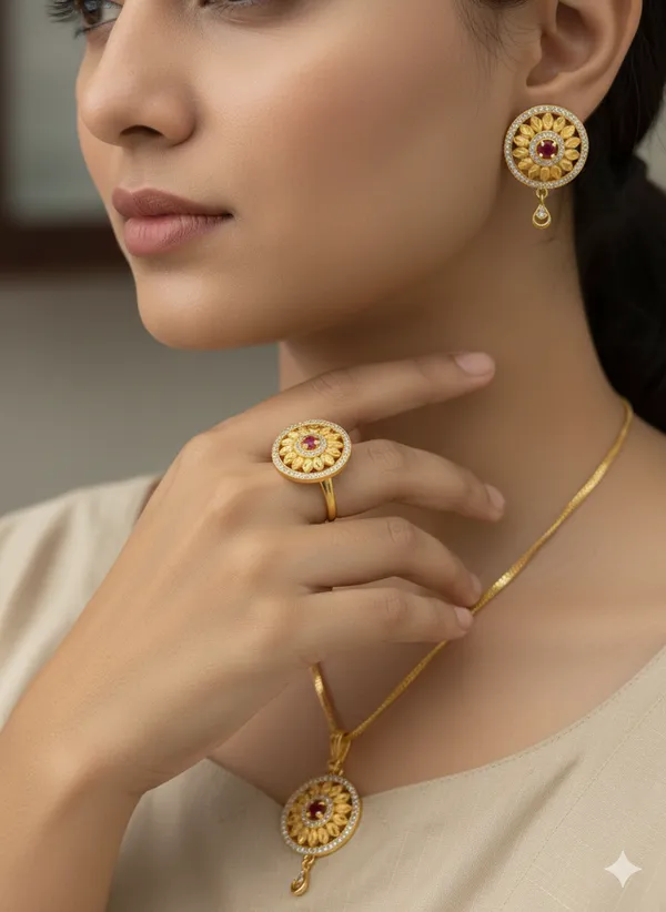 Gold_Plated_And_Diamonds_Studded_Flower_Pendant_with_Earrings