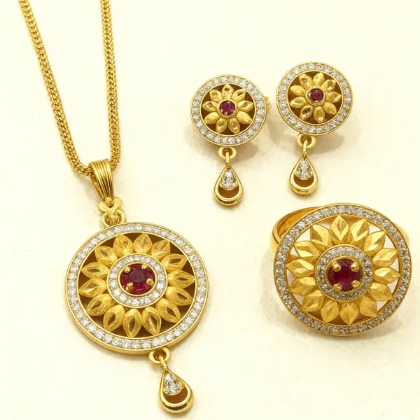 Gold_Plated_And_Diamonds_Studded_Flower_Pendant_with_Earrings