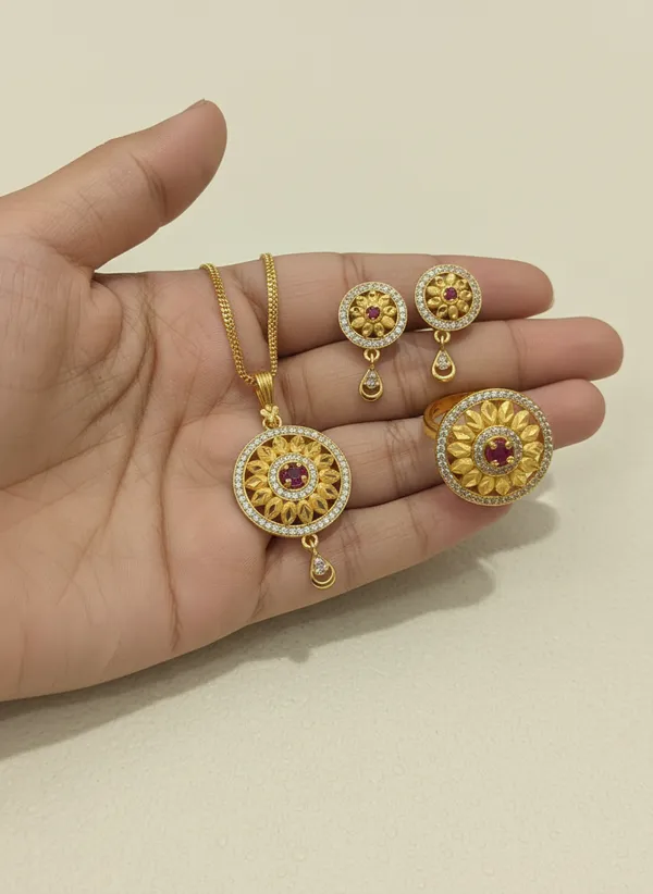 Gold_Plated_And_Diamonds_Studded_Flower_Pendant_with_Earrings