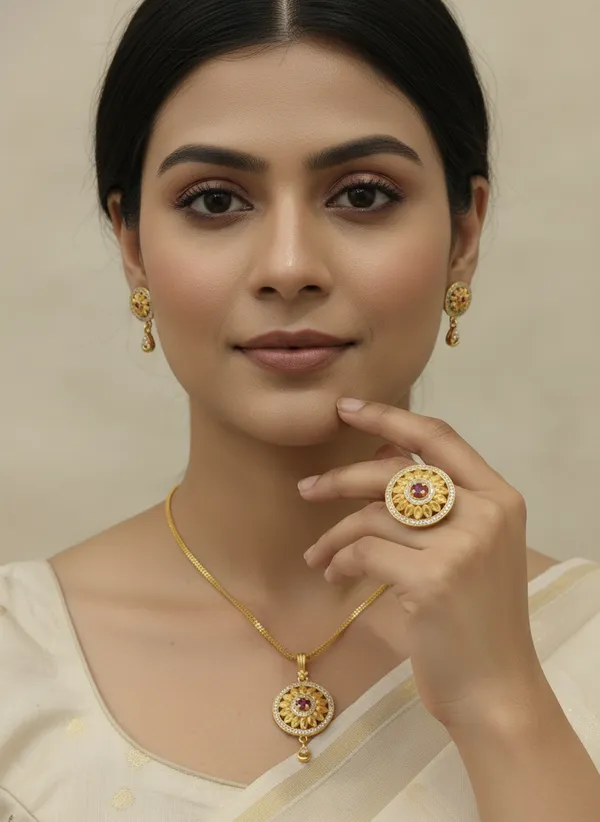 Gold_Plated_And_Diamonds_Studded_Flower_Pendant_with_Earrings