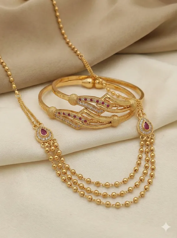 Elegant_Triple_Layer_Gold_Plated_Beaded_chai_&_Designer_Kada_Combo_Set