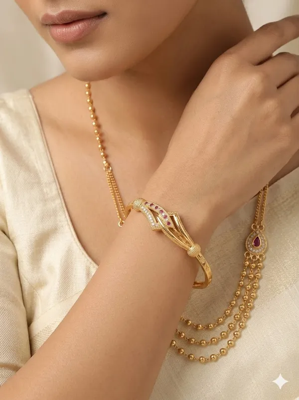 Elegant_Triple_Layer_Gold_Plated_Beaded_chai_&_Designer_Kada_Combo_Set