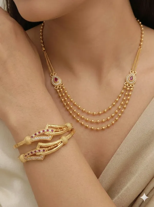 Elegant_Triple_Layer_Gold_Plated_Beaded_chai_&_Designer_Kada_Combo_Set