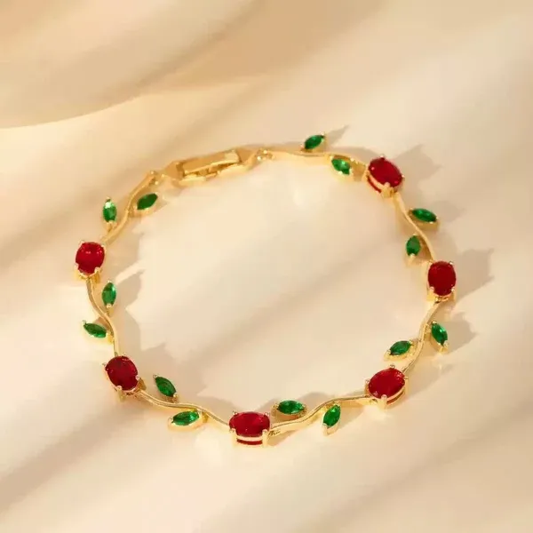 Elegant_Tulip_Ruby_Red_&_Emerald_Green_Leaf_Gold-Plated_Bracelet