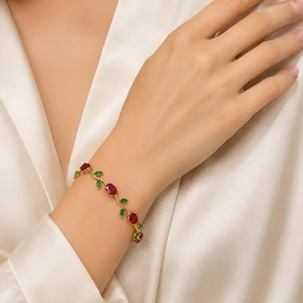 Elegant_Tulip_Ruby_Red_&_Emerald_Green_Leaf_Gold-Plated_Bracelet