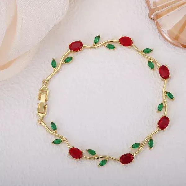 Elegant_Tulip_Ruby_Red_&_Emerald_Green_Leaf_Gold-Plated_Bracelet