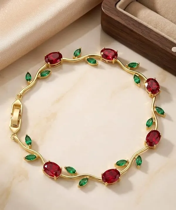 Elegant_Tulip_Ruby_Red_&_Emerald_Green_Leaf_Gold-Plated_Bracelet