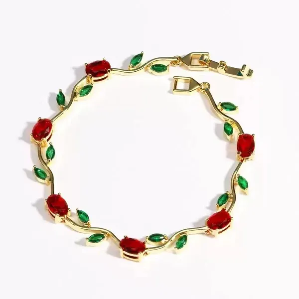 Elegant_Tulip_Ruby_Red_&_Emerald_Green_Leaf_Gold-Plated_Bracelet