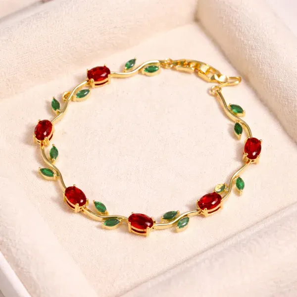 Elegant_Tulip_Ruby_Red_&_Emerald_Green_Leaf_Gold-Plated_Bracelet