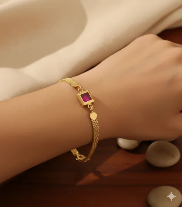 Designer_High_Gold_Plated_Ruby_Stone_Mesh_Chain_Bracelet