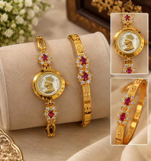 High_Gold_Plated_Ruby_Stone_Designer_Watch_&_Bangle_Combo_Set_for_Women