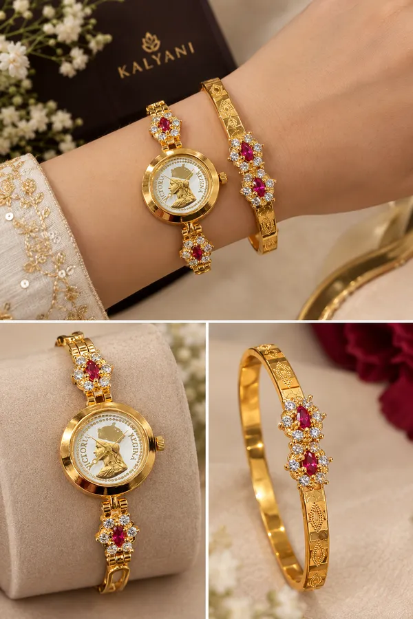 High_Gold_Plated_Ruby_Stone_Designer_Watch_&_Bangle_Combo_Set_for_Women