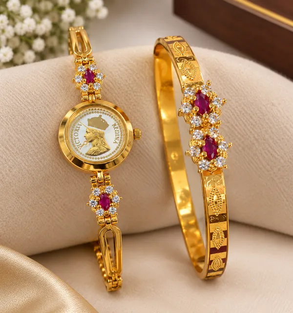 High_Gold_Plated_Ruby_Stone_Designer_Watch_&_Bangle_Combo_Set_for_Women