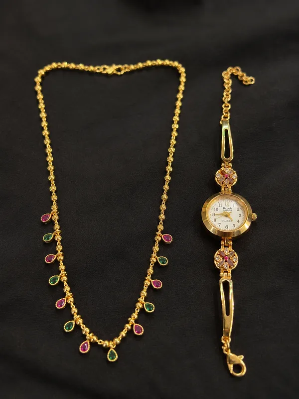 Elegant_Gold-Plated_Floral_Stone_Bracelet_Watch_for_Women_-_23_Inches