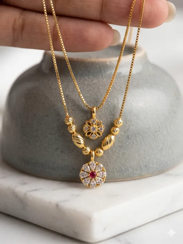 Micro_Gold_Plated_Ruby_&_And_Diamond_Studded_Double_Layer_18_Inches_Chain