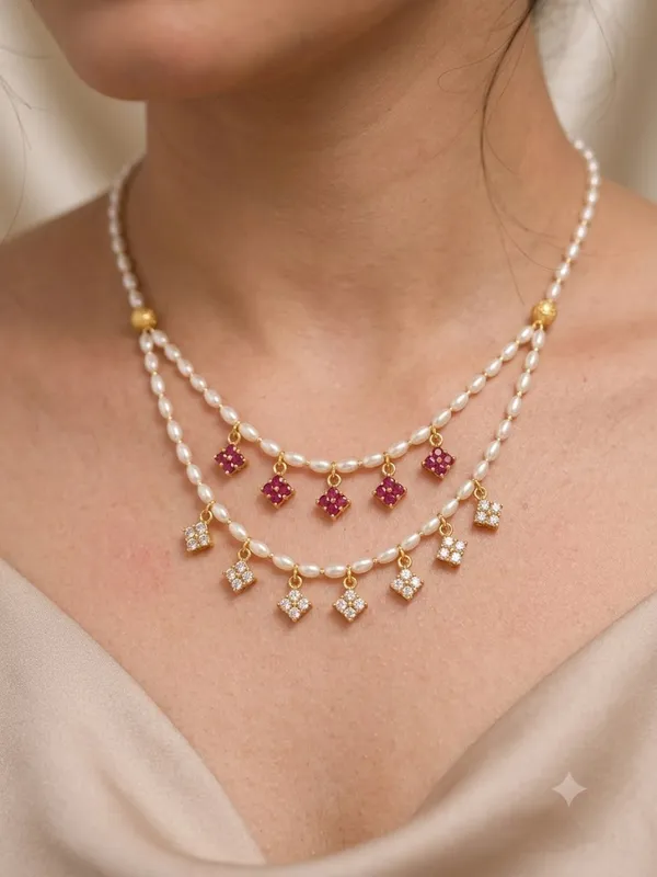 Micro_Gold-Plated_Double-Layer_Pearl_Chain_with_Ruby_&_AD_Diamond_Square_Charms_for_Women