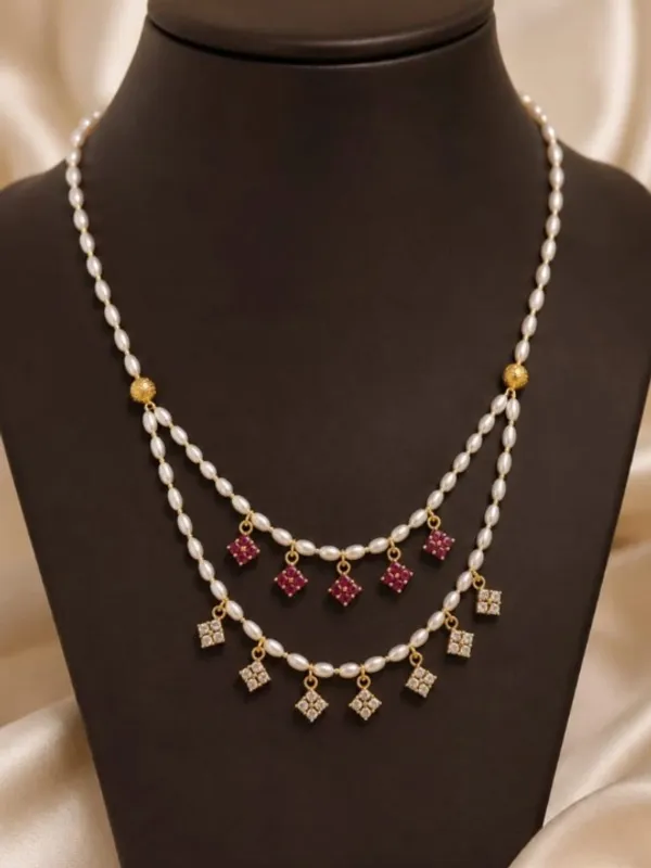 Micro_Gold-Plated_Double-Layer_Pearl_Chain_with_Ruby_&_AD_Diamond_Square_Charms_for_Women