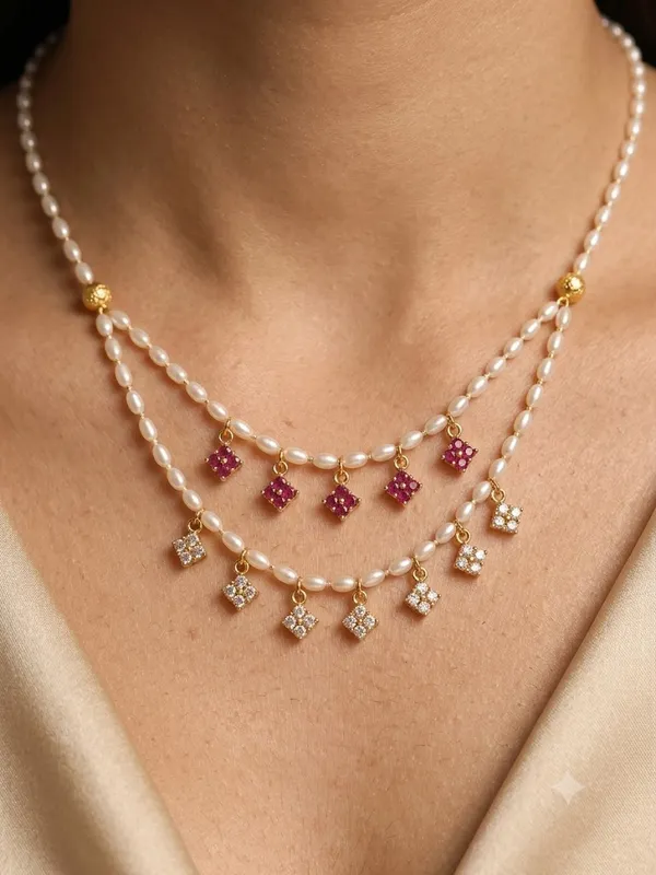 Micro_Gold-Plated_Double-Layer_Pearl_Chain_with_Ruby_&_AD_Diamond_Square_Charms_for_Women