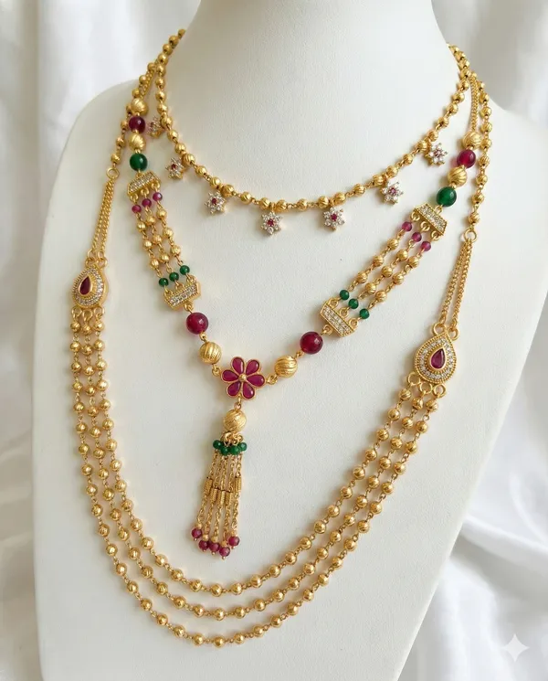 Micro_Gold_Plated_Ruby–Emerald_Floral_Layered_3_Chain_Combo_-_23_Inches
