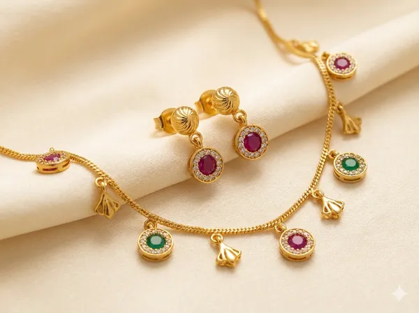 Micro_Gold_Plated_Ruby_&_Emerald_Charm_Necklace_with_Matching_Stud_Earrings_–_Elegant_Daily_Wear_Set