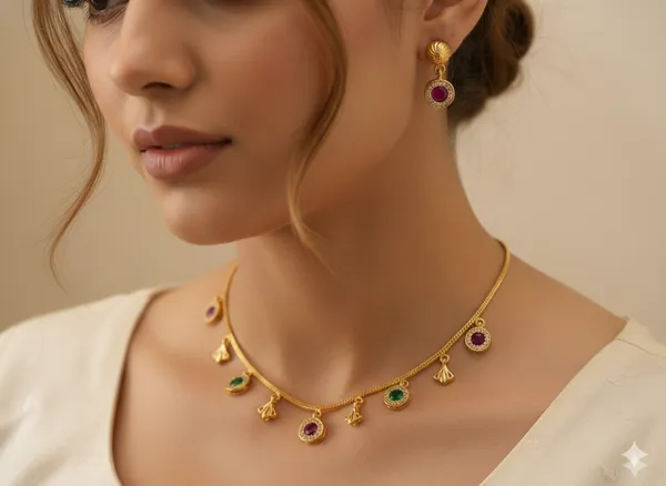 Micro_Gold_Plated_Ruby_&_Emerald_Charm_Necklace_with_Matching_Stud_Earrings_–_Elegant_Daily_Wear_Set