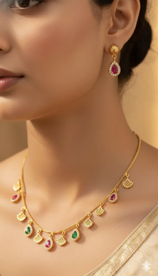 Micro_Gold_Plated_Ruby_&_Emerald_Drop_Charm_Necklace_with_Matching_Earrings_–_Elegant_Daily_Wear_Set