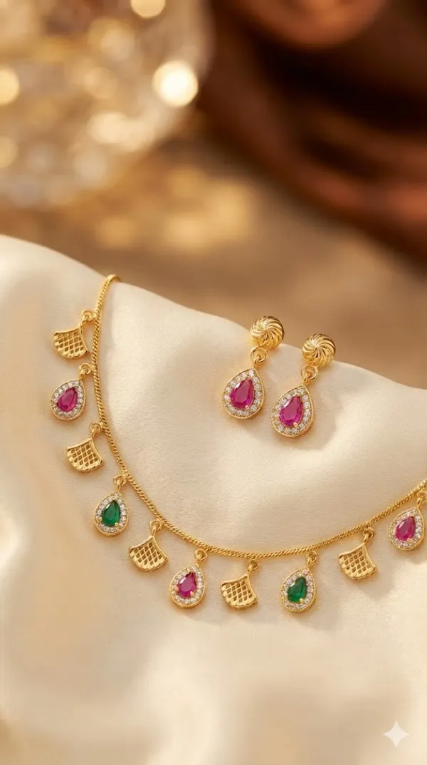 Micro_Gold_Plated_Ruby_&_Emerald_Drop_Charm_Necklace_with_Matching_Earrings_–_Elegant_Daily_Wear_Set