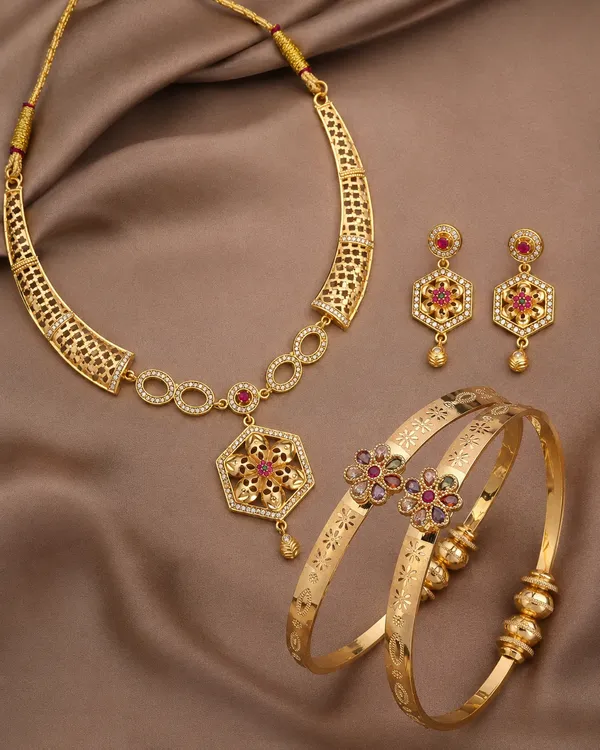 Micro_Gold_Plated_Ruby_&_Emerald_Floral_Hexagon_Pendant_Necklace_Set_with_Designer_Bangles
