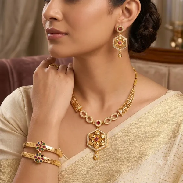 Micro_Gold_Plated_Ruby_&_Emerald_Floral_Hexagon_Pendant_Necklace_Set_with_Designer_Bangles
