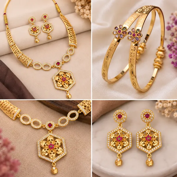 Micro_Gold_Plated_Ruby_&_Emerald_Floral_Hexagon_Pendant_Necklace_Set_with_Designer_Bangles