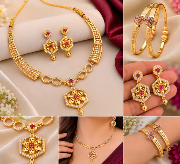 Micro_Gold_Plated_Ruby_&_Emerald_Floral_Hexagon_Pendant_Necklace_Set_with_Designer_Bangles