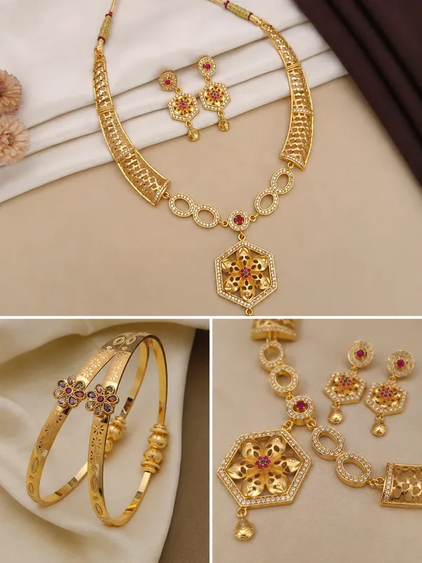 Micro_Gold_Plated_Ruby_&_Emerald_Floral_Hexagon_Pendant_Necklace_Set_with_Designer_Bangles