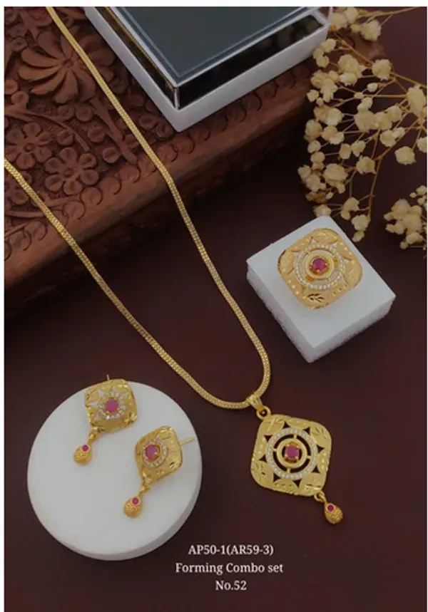 High_Gold_Plated_And_Diamond_Studed_Forming_Pendent_Set_with_Ring,Earring_And_18_Inches_Chain