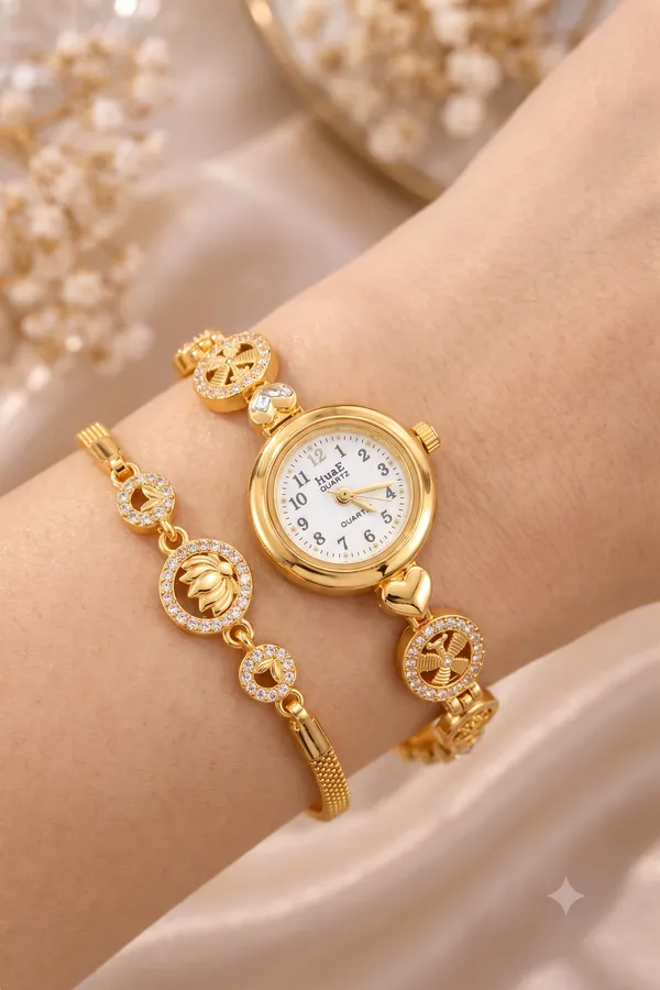 Premium_Gold_Plated_Designer_Watch_&_Bracelet_Combo_Set_with_AD_Stone_Studded_Floral_Design
