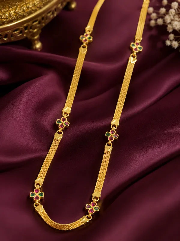 Premium_Micro_Gold_Plated_Multicolor_Ruby_&_Green_Stone_Studded_Floral_Designer_24_inches_chain