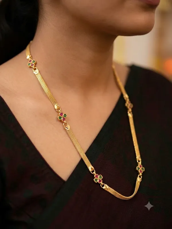 Premium_Micro_Gold_Plated_Multicolor_Ruby_&_Green_Stone_Studded_Floral_Designer_24_inches_chain