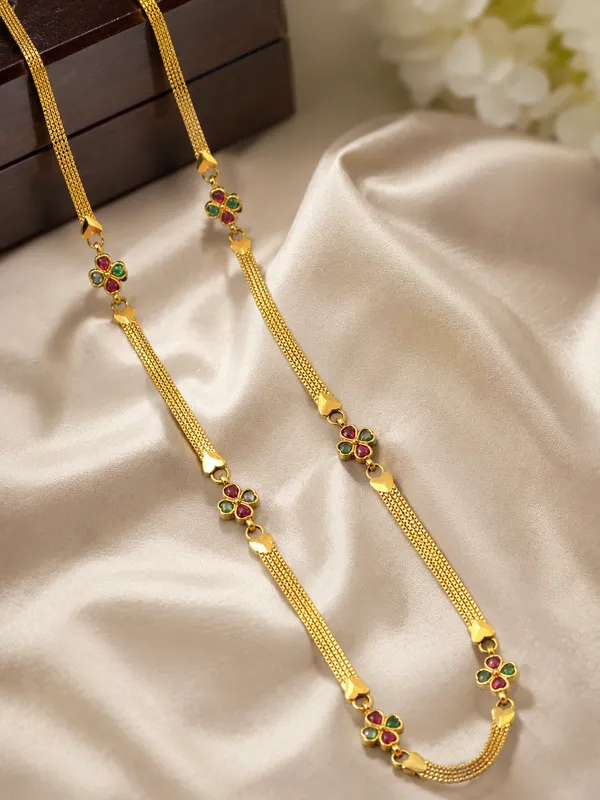 Premium_Micro_Gold_Plated_Multicolor_Ruby_&_Green_Stone_Studded_Floral_Designer_24_inches_chain