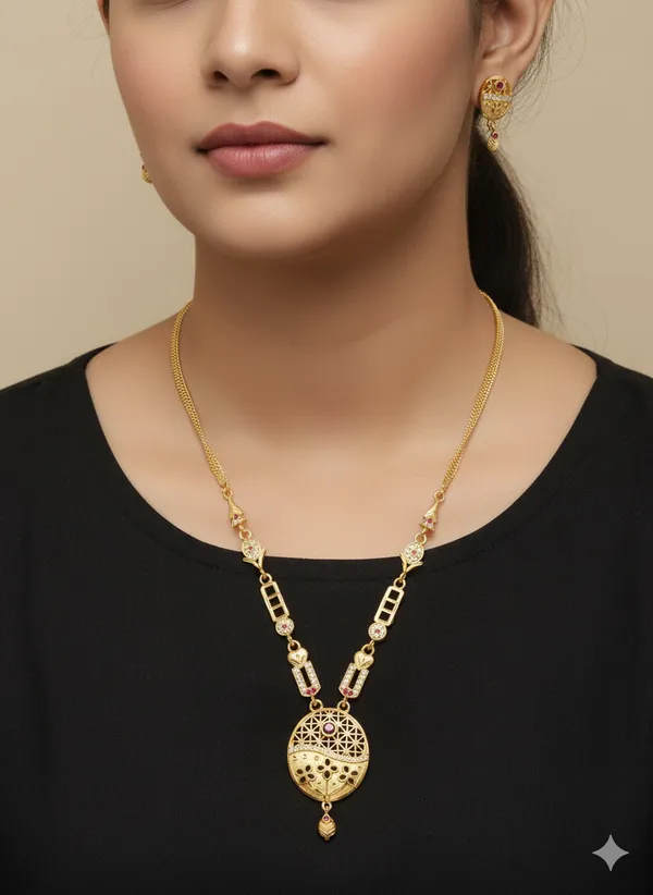 Micro_Gold_Plated_And_Diamond_Studded_Flower_Oval_Necklace_with_Earrings_For_Women